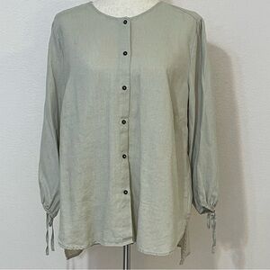 Ellen Tracy Tan Long Sleeve Blouse Size XL 100% Linen Hi/Low Hem